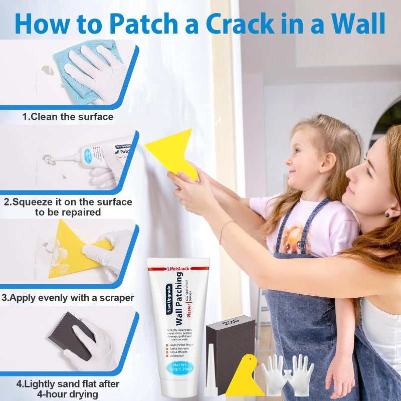 LifeisLuck Drywall Repair Kit, 150g Wall Mending Agent Spackle Wall Repair with Scraper Sanding Blocks for Filling The Home Holes Wall Plaster Dent Repair, Wall Surface Nail Hole Fill Quick - Image 2
